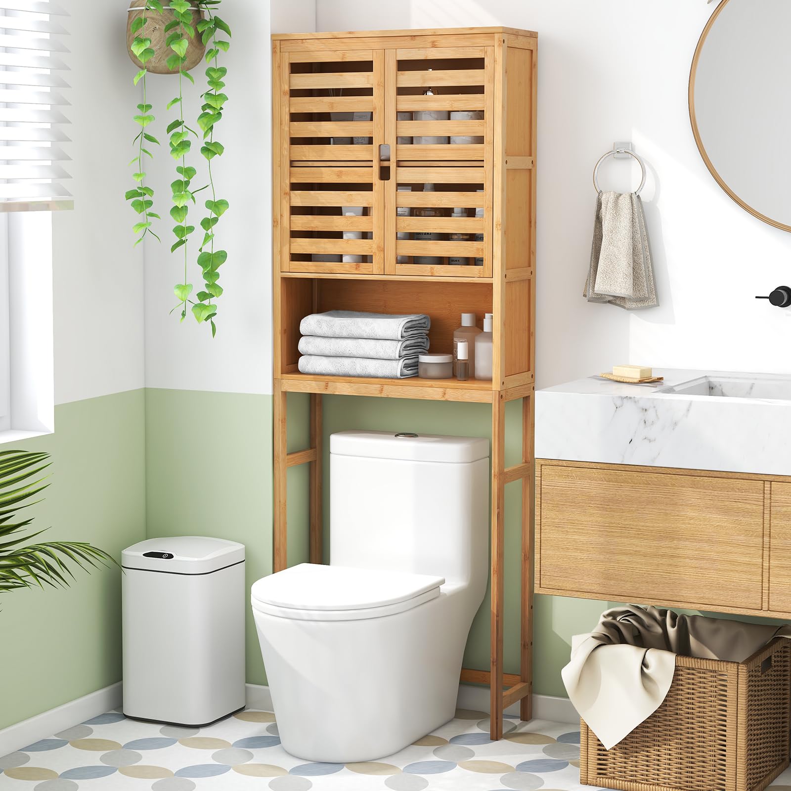 Tangkula Over The Toilet Storage Cabinet Tall Natural Bamboo Bathroom Shelf Over Toilet